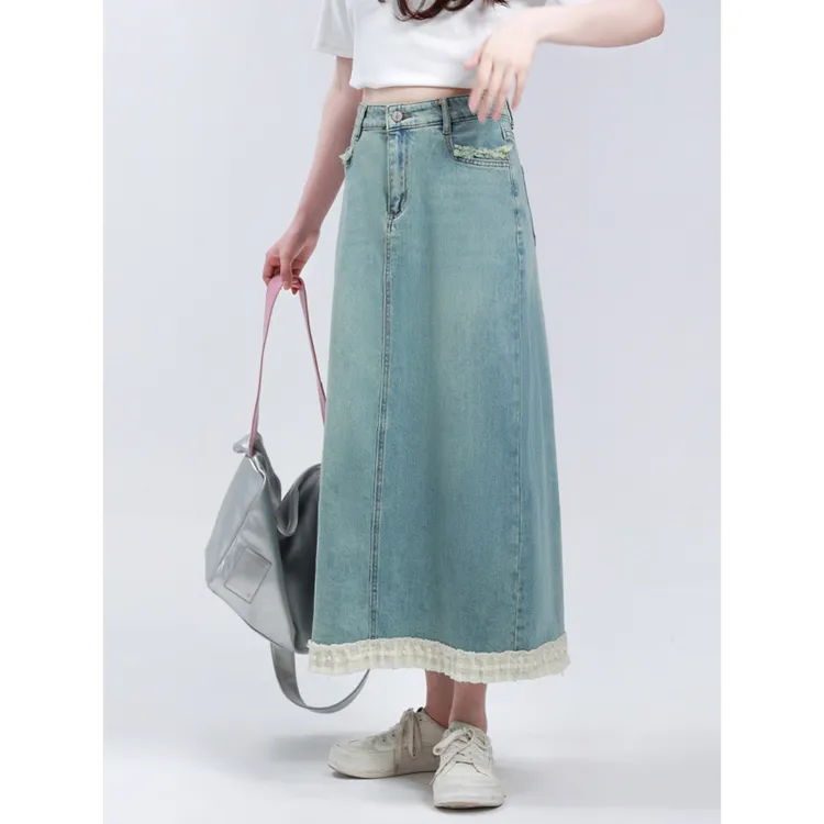 120斤的大杨 大码蓝色牛仔半身裙女夏小个子花边开叉高腰别致裙子