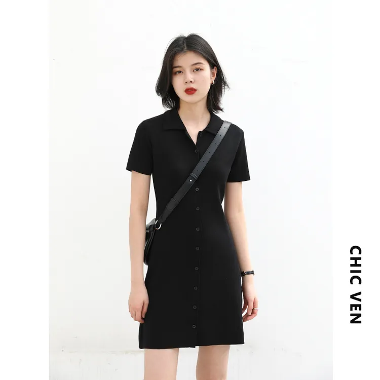CHICVEN「日光倾城」简约chic翻领短袖针织连衣裙单排扣气质裙子