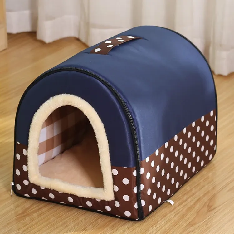 宝贝故事 猫窝四季通用 可拆洗狗窝小型犬秋冬半封闭式猫咪窝宠物用品 蓝色波点 M号（适合10斤内）