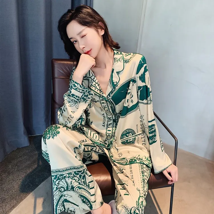 个性美元印花冰丝睡衣套装女长袖春秋新款韩版丝绸休闲宽松家居服
