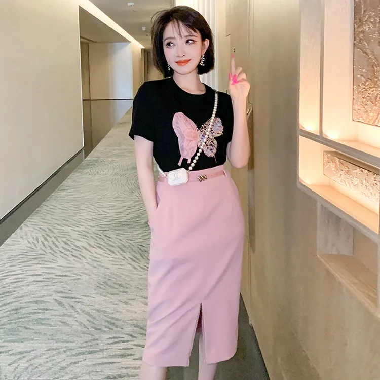 MICUO重工刺绣立体贴布T恤+腰带收腰开叉一步裙套装女2024