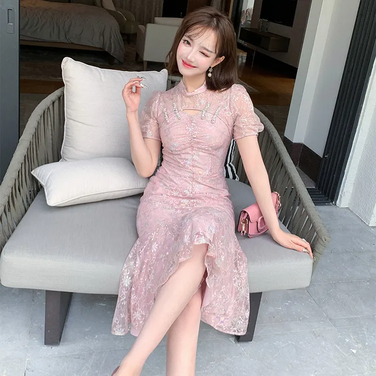 MIUCO中式印花蕾丝亮片绣钉钻盘扣修身鱼尾连衣裙【现货】