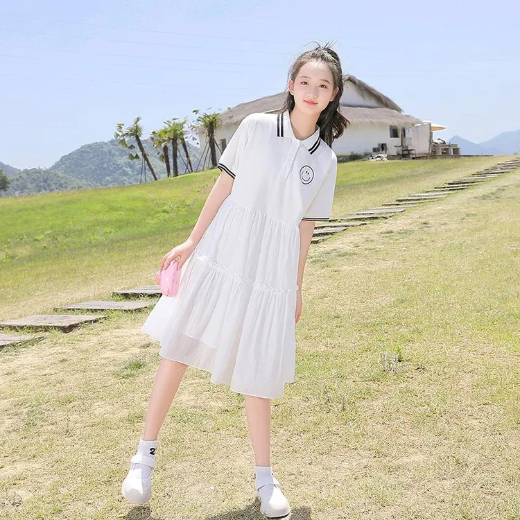 少女孩大童夏季连衣裙女儿童学院风纱裙子初中生洋气甜美POLO裙子