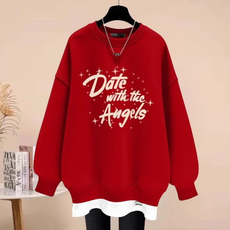 搭配鲨鱼裤假两件加绒红色卫衣女2025春秋冬宽松圆领加厚中长款潮