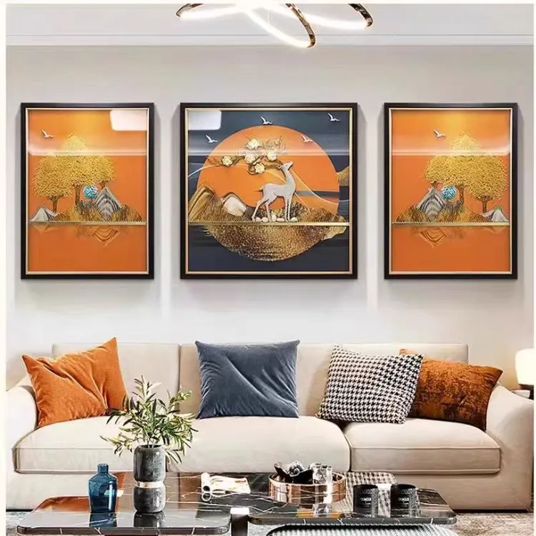 D01【全系列沙发三联画】背景墙装饰画手工画大气实物立体客厅挂画