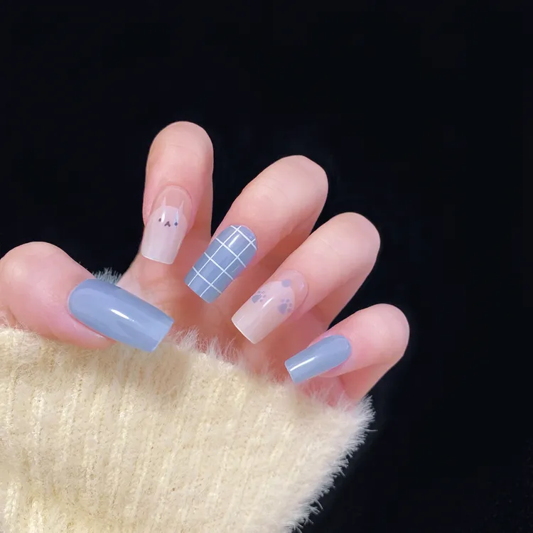 16指【喵格】UV半固化半烤凝胶美甲贴照灯变硬甲片卡通猫猫短甲可爱