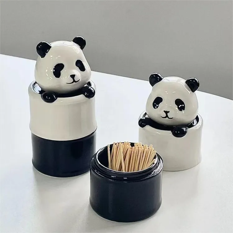 小动物熊猫牙签筒陶瓷创意牙签盒商用餐饮店复古风网红高档牙签筒