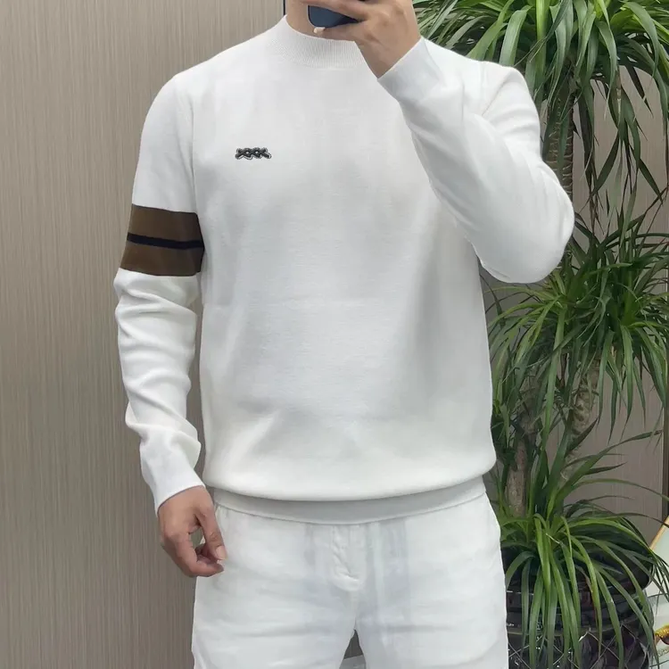 潮牌秋冬新款针织男士条纹毛衣拼色长袖修身套头时尚圆领打底衫