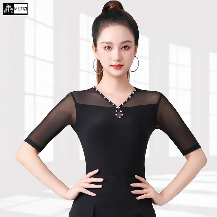 新款摩登舞成人莫代尔跳舞女士国标拉丁舞练功服上衣网纱烫钻夏季