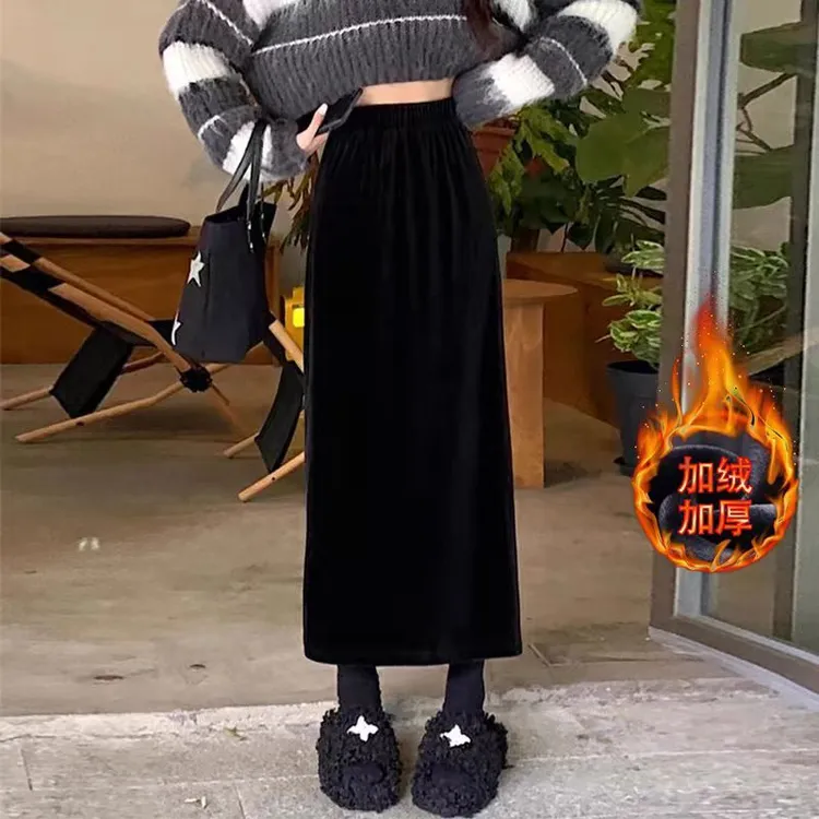 【加绒加厚】秋冬丝绒半身裙高腰显瘦黑色直筒裙中长款开叉一步裙子