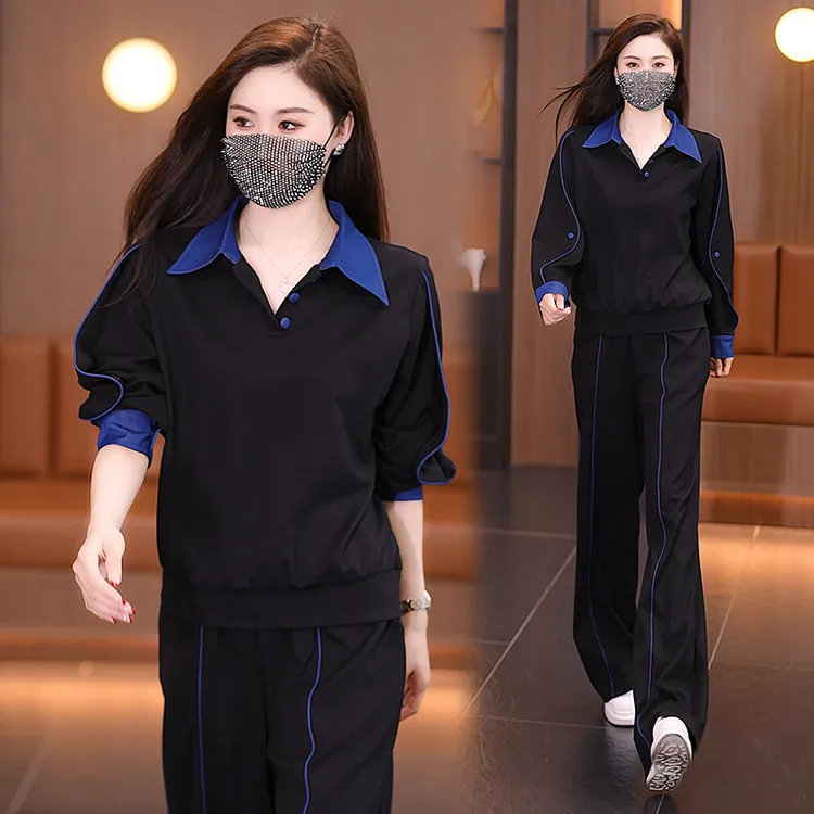 大码女装休闲运动时尚宽减龄遮肚子拼接牛仔领胖mm200斤显瘦套装