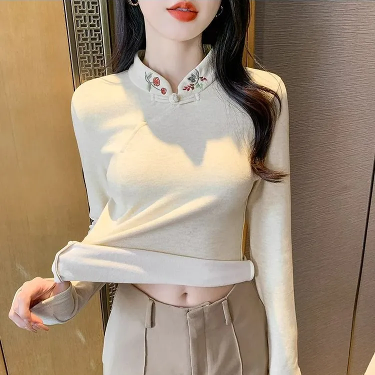 国风刺绣立领长袖t恤秋装女2025年秋季女显瘦气质新中式上衣洋气