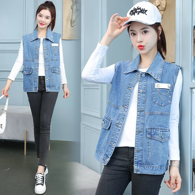 韩版牛仔马甲中长款无袖外套女2023秋季浅蓝色冰块百搭宽松坎肩潮