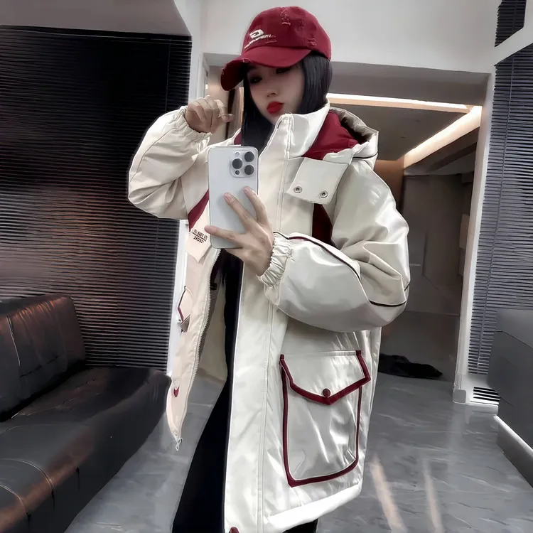 正品收腰时尚百搭撞色棉服女2024年冬季新款休闲运动套装女秋季款