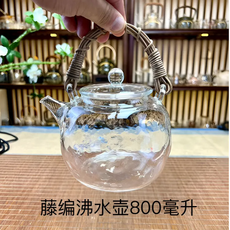 当代 玻璃煮茶壶家用日式锤纹沸水壶藤编提梁加厚耐热玻璃煮水壶