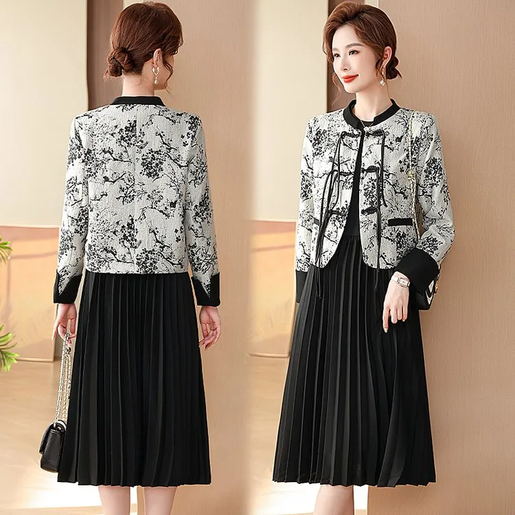 妈妈春装两件套装裙子中年春秋冬新中式小香风外套连衣裙女洋气质