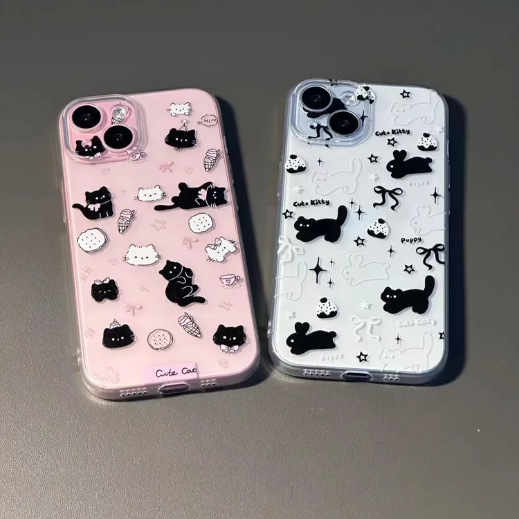 蝴蝶结小黑猫适用苹果16手机壳华为P70透明VIVO小米防摔OPPO全包