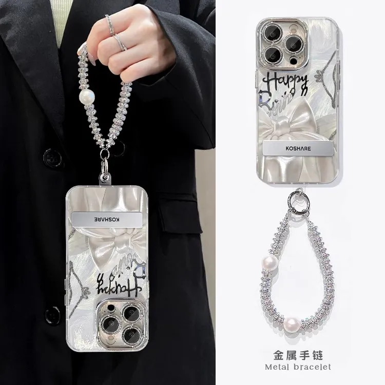 丝绸蝴蝶结适用苹果15promax手机壳iphone14pro闪粉镜头膜13p支架