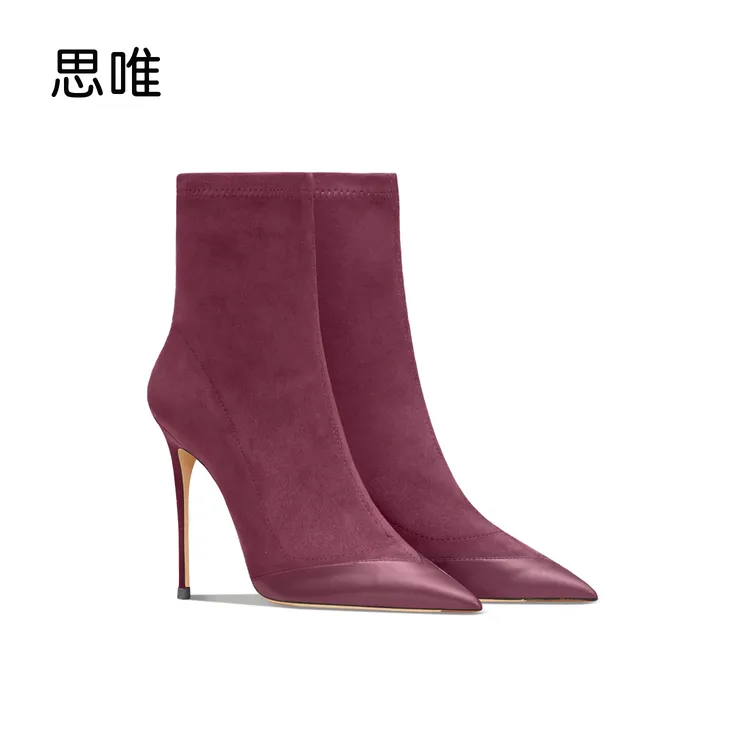 思唯酒红绒面拼接短靴女2023年新款法式尖头细跟时装靴显瘦单跟靴