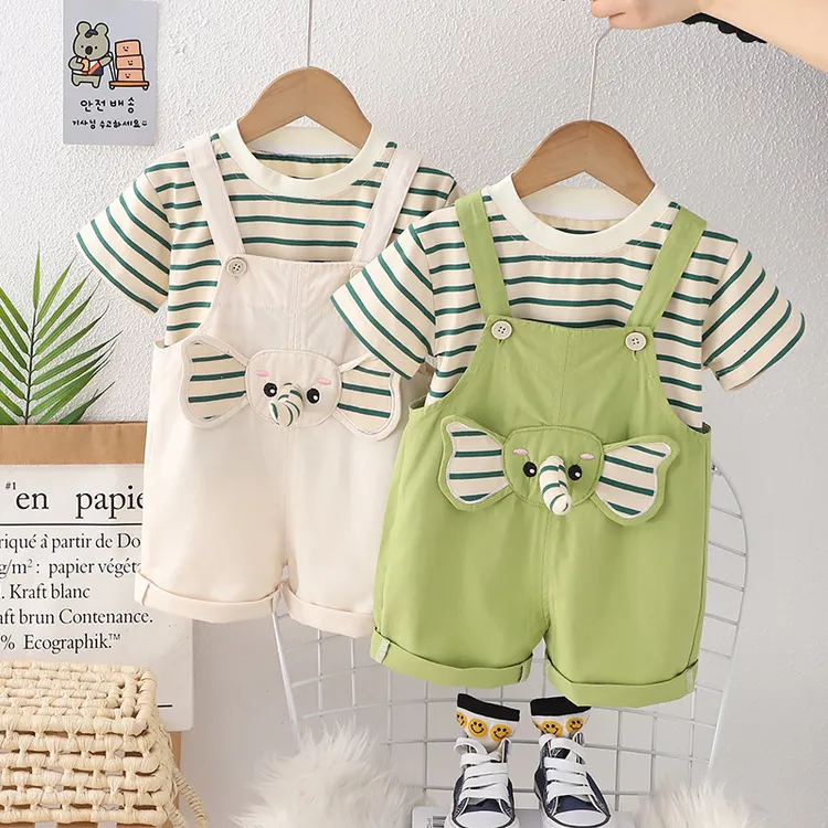 夏季新款帅气薄款短袖婴儿背带裤男宝女宝卡通短袖套装潮牌小童