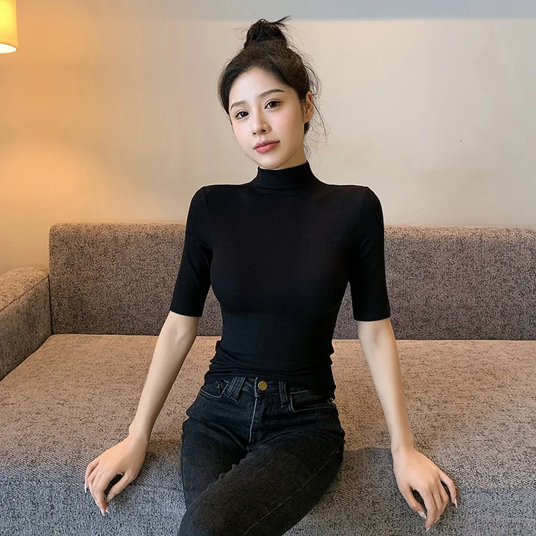 黑色螺纹半高领中袖修身打底衫女内搭2023年秋季五分袖紧身上衣女