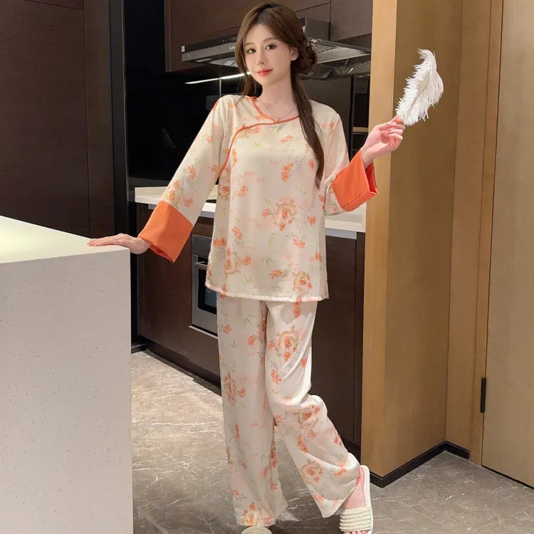 中国风睡衣套装女夏季春夏冰雪丝缎面丝拼接袖新中式旗袍风睡衣