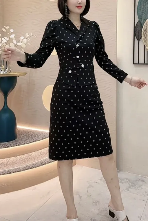2024秋季女装连衣裙气质时尚修身显瘦黑色长款名媛遮肚收腰波点