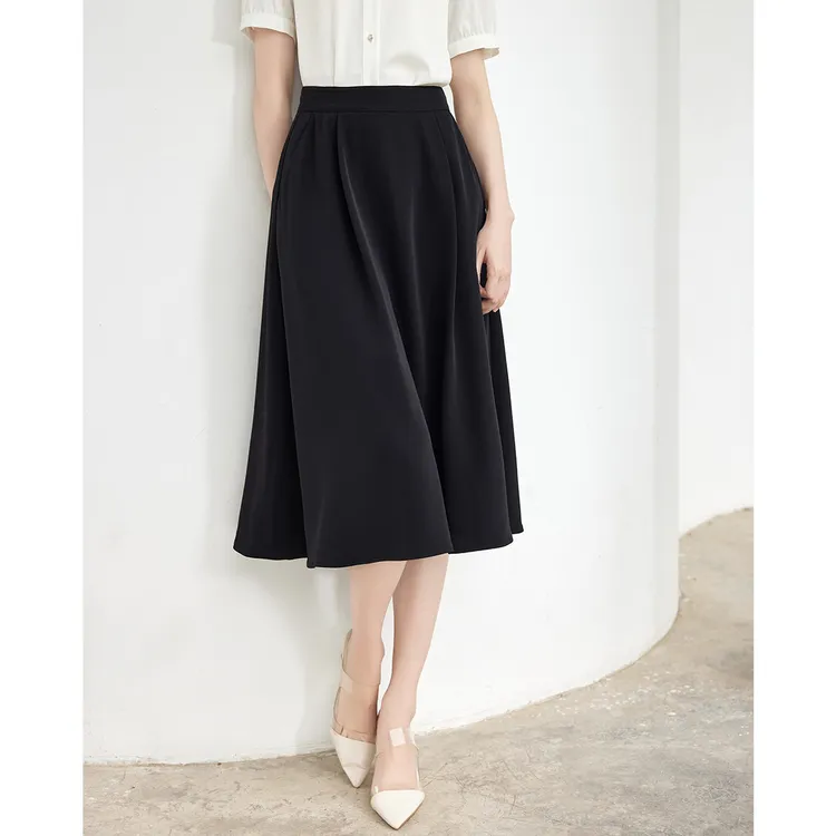 OSA/欧莎 复古高腰显瘦a字黑色半身裙女中长款S124B51011