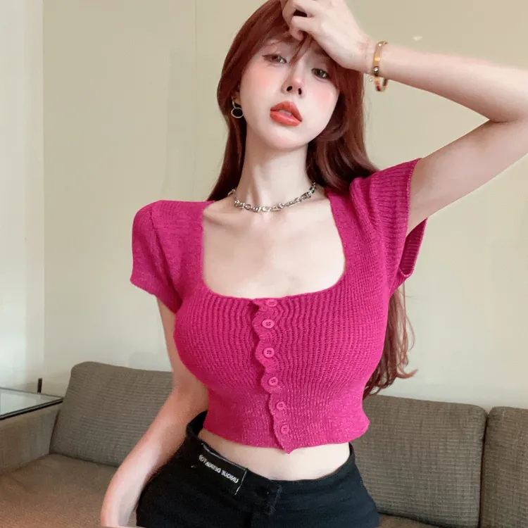 火龙果玫红色针织短袖t恤女夏设计感小众纯欲甜辣妹性感短款上衣