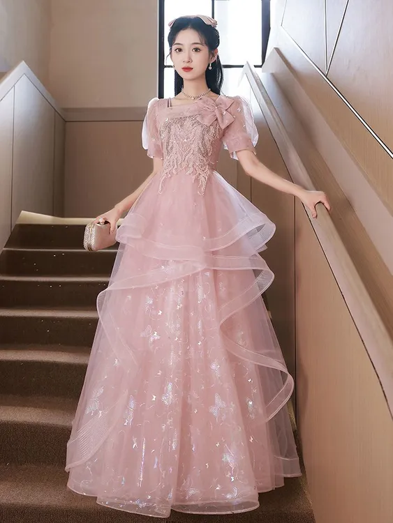 粉色晚礼服女2025新款法式高级感宴会主持人艺考高定高端小众轻奢