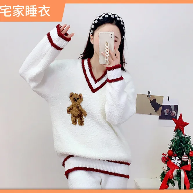 品牌白色卡通小熊可爱睡衣套装软绵绵女士家居服半边绒保暖可外穿