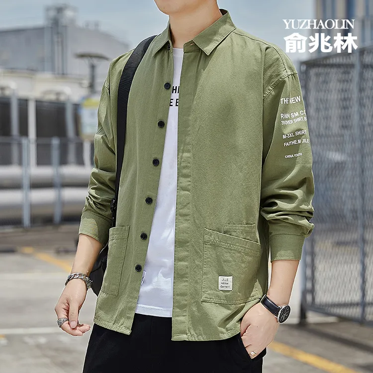 早春新款时尚男士工装港风休闲百搭衬衫纯棉长袖衬衣纯色小外套潮