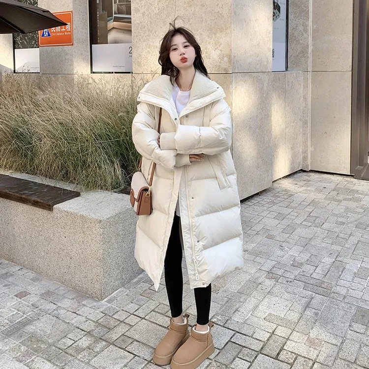 米白色针织拼接羽绒服女2025冬季新款收腰显瘦中长款90白鸭绒外套