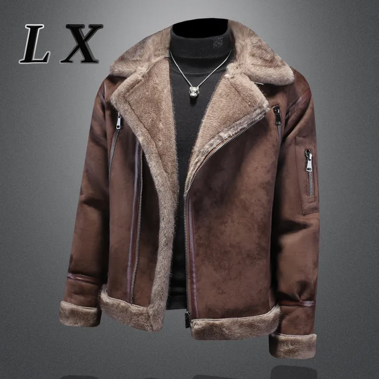 轻奢冬季原创工装皮毛一体外套男机车短款皮夹克休闲加绒加厚冬装