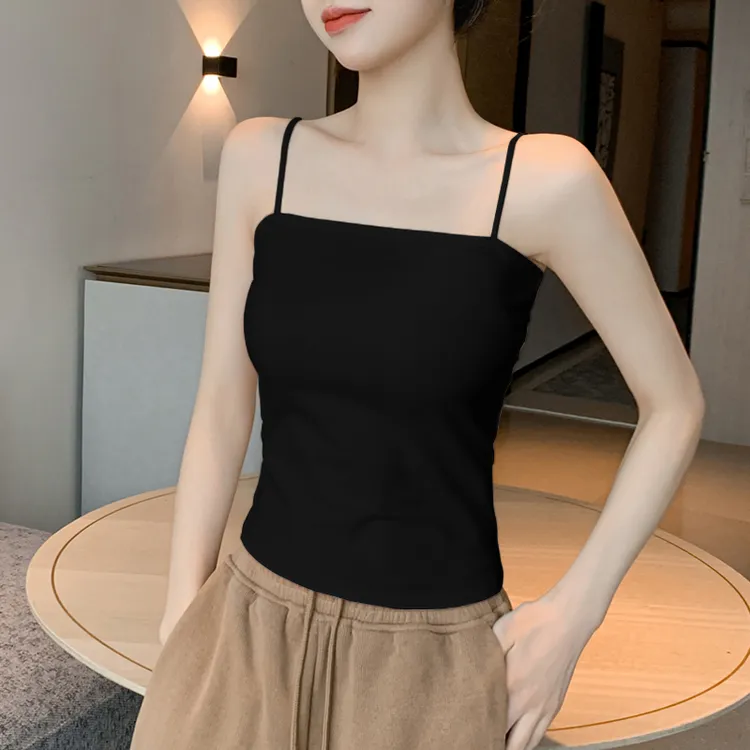 黑色小吊带背心女内搭外穿带胸垫美背一字肩无袖洋气打底紧身上衣