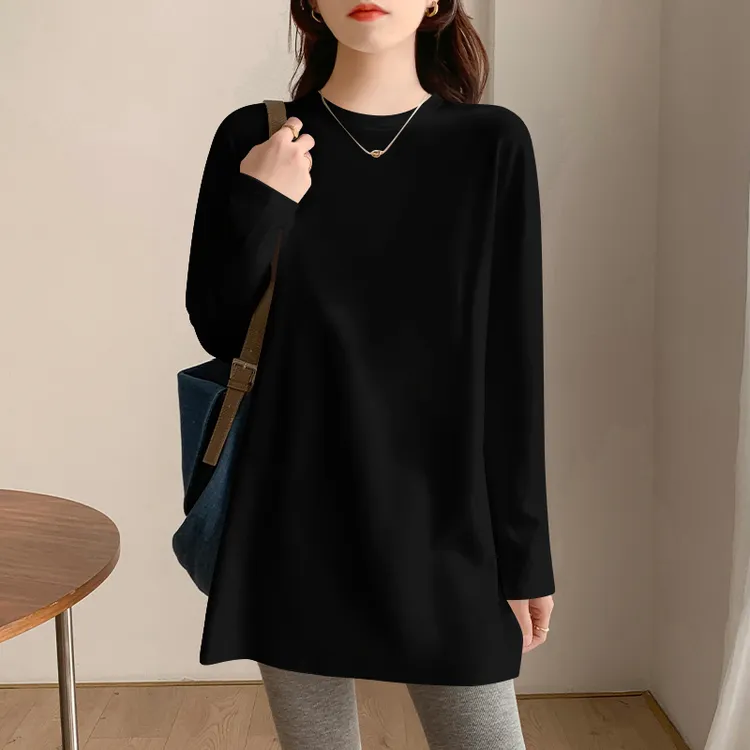 圆领黑色长袖t恤女春秋纯色德绒中长款遮屁股打底衫卫衣内搭上衣