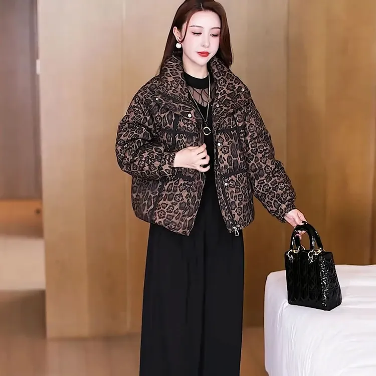 时尚高级感洋气豹纹面包棉服外套女2024冬季新款百搭显瘦棉衣女装