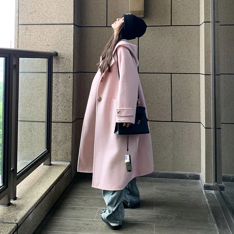 毛呢外套现货    粉色气质高级感连帽呢大衣  2C206-