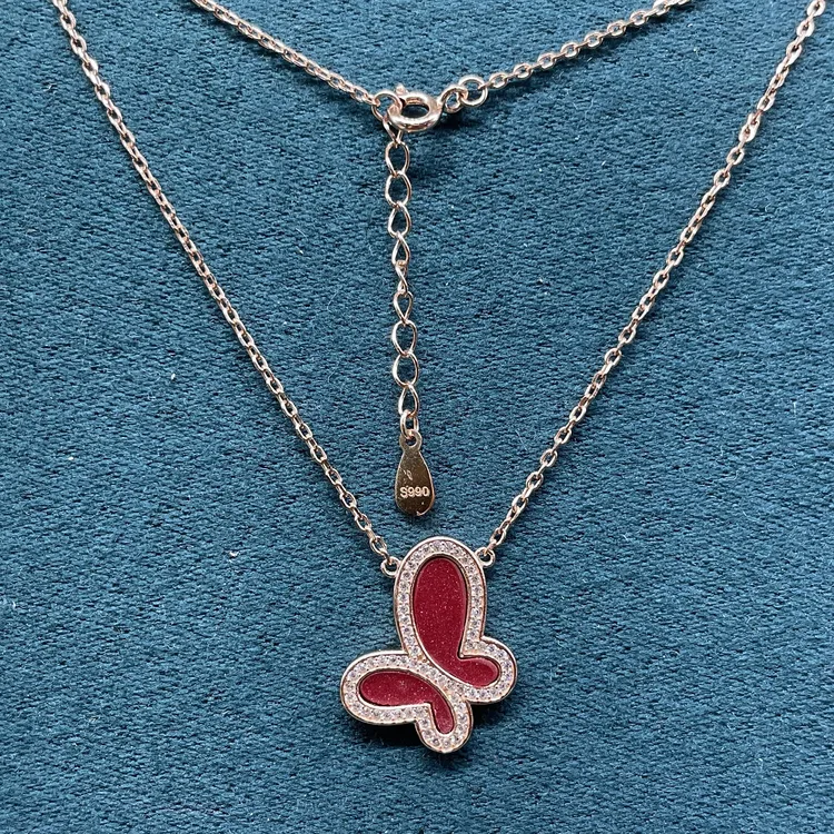 吊坠足银 镀金百搭手工蝴蝶锁骨链足银金色990项链坠链轻奢