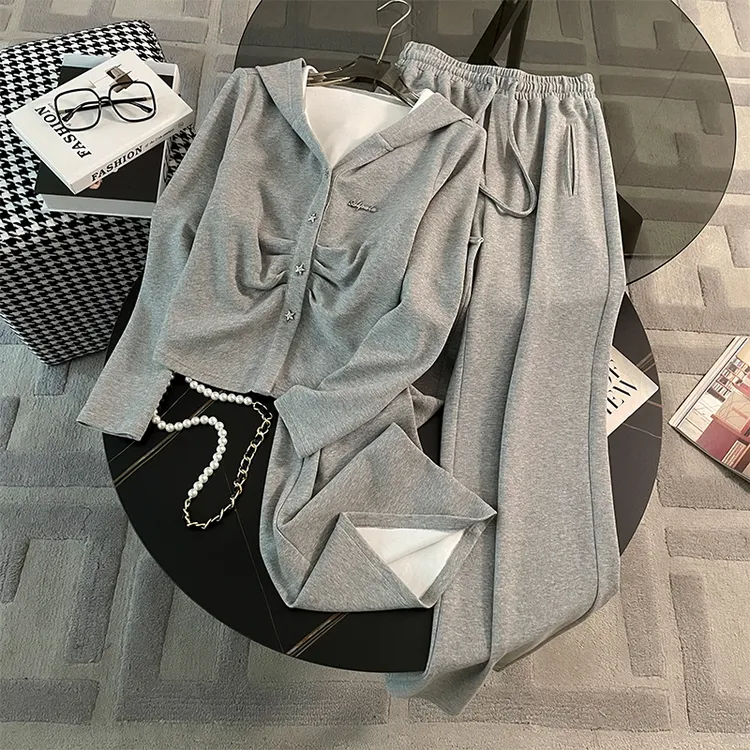 薏丝妮女秋季时尚休闲套装修身显瘦褶皱开衫连帽上衣阔腿裤两件套