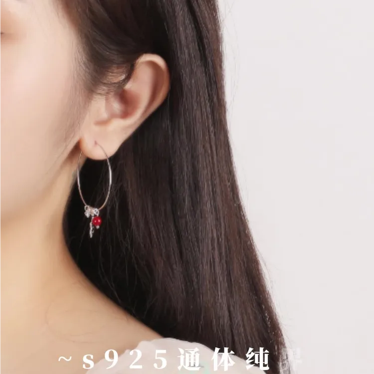 925银合成锆石耳饰 纯银【雪花闪钻】大圈耳环女圆圈红色耳钉耳饰