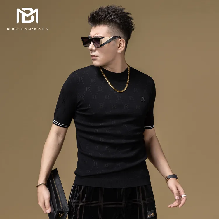 男士短袖t恤2023新款潮牌毛衣男提花字母暗纹黑色打底衫针织秋