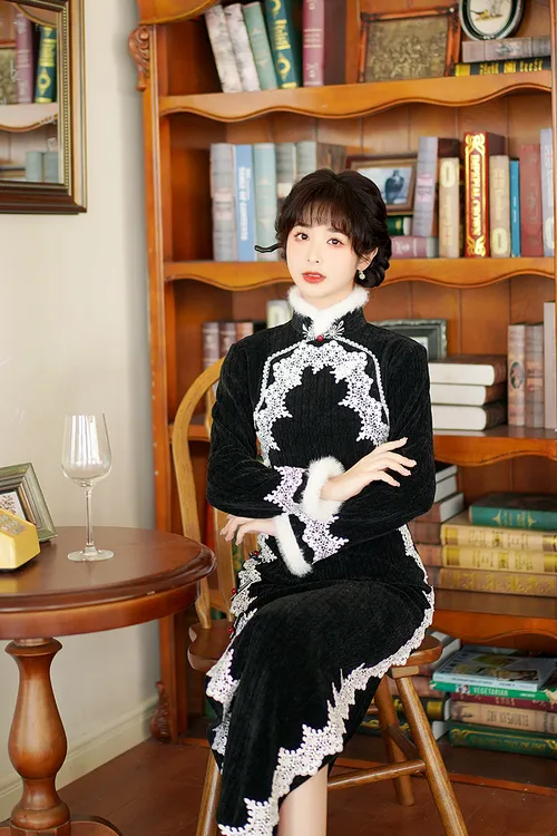 甄选家-忘忧-冬款旗袍中长款日常金丝气质少女复古加厚中国风长袖