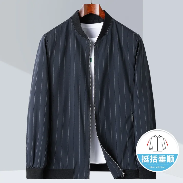 男士条纹爸爸装大码免烫夹克高品质棒球领休闲上衣新款男垂顺外套