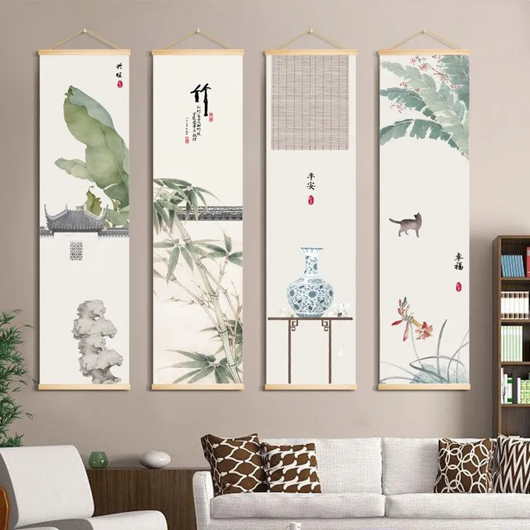 客厅新中式装饰画现代沙发背景挂画茶室办公室大气风水四联壁画