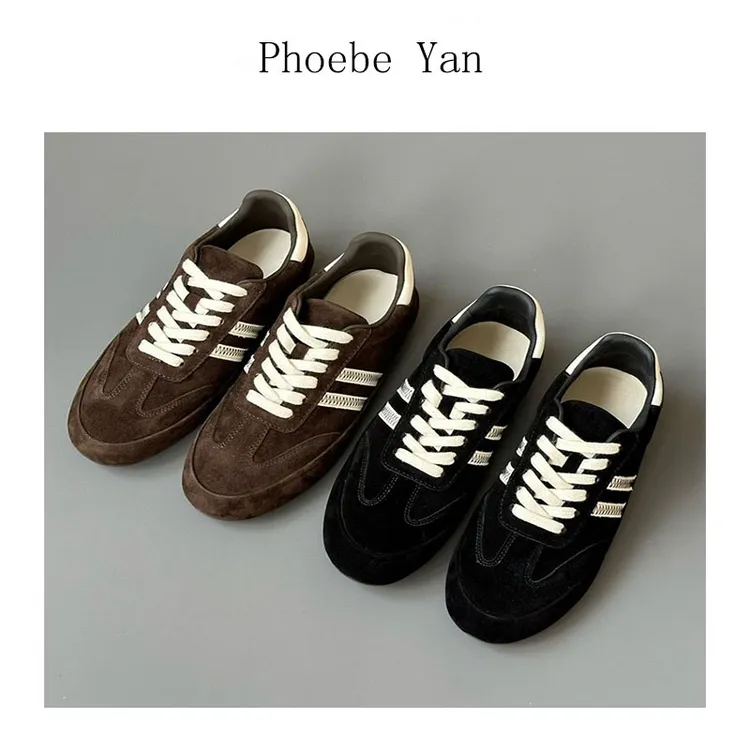 Phoebe Yan经典复古休闲鞋真皮系带圆头平底板鞋深口低帮德训鞋女