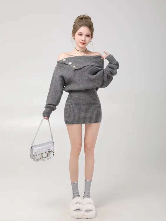 小香风气质性感一字肩针织连衣裙女高级感收腰裙子长袖针织衫时尚