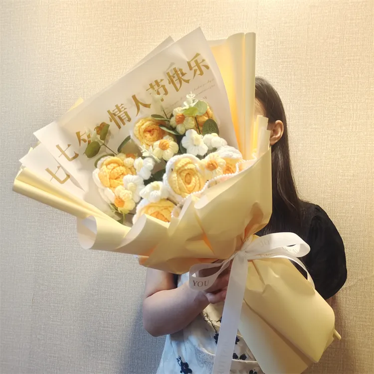 针织渐变色玫瑰花手工毛线编织仿真花手织七夕情人节礼物送女朋友