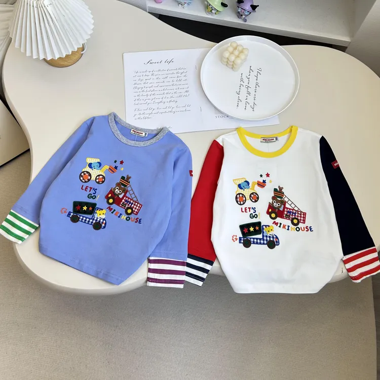 miki宝宝重工刺绣打底衫撞色拼接长袖T恤日系风小童t套头卡通秋款