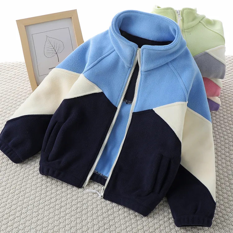 男童摇粒绒立领外套春秋款儿童保暖上衣洋气卫衣宝宝抓绒拼接开衫